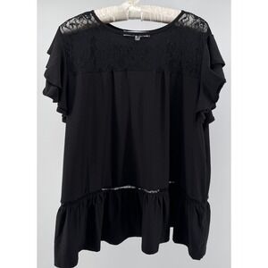 Sweet Rain Black Lace Yoke Blouse Womens Plus Size 2X Ruffle Hem Top